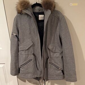 SAM. Gray Pea Coat with Fur Trim